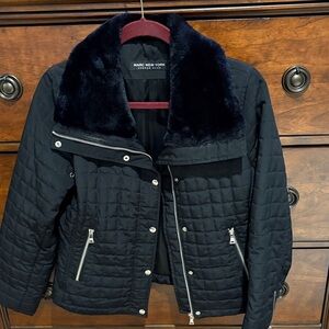 Marc New York Quilted Black Puffer Jacket with Faux Fur Collar